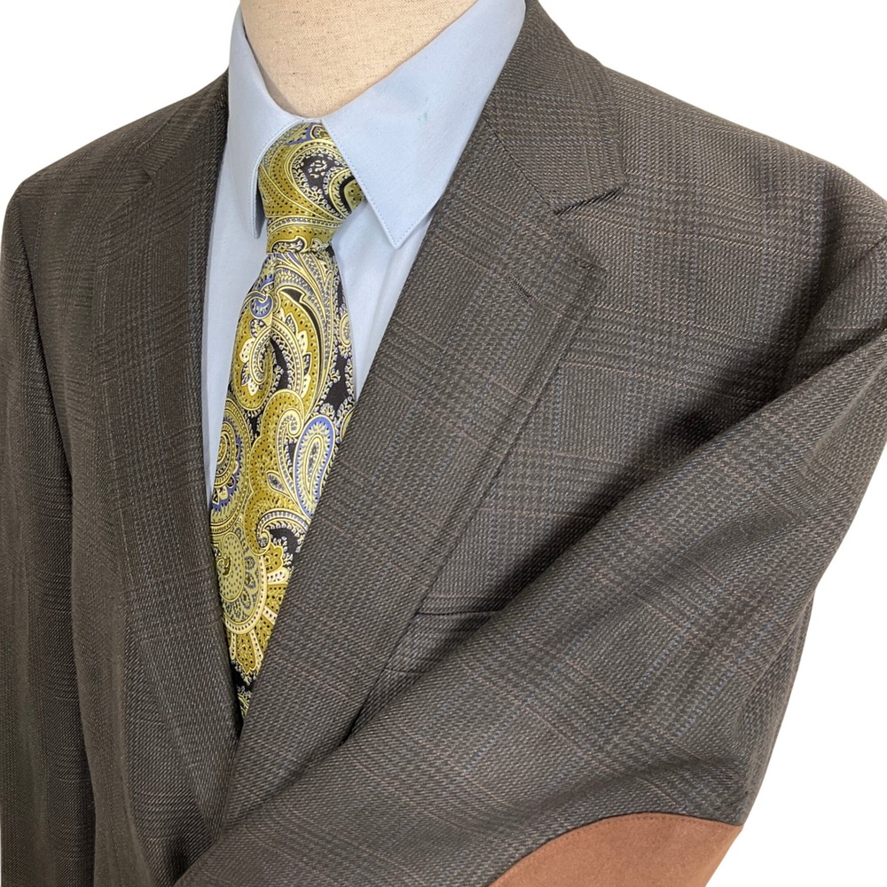 Kenneth Roberts Platinum Blazer Men XL‎ Brown Blue Plaid Berney Elbow Patches